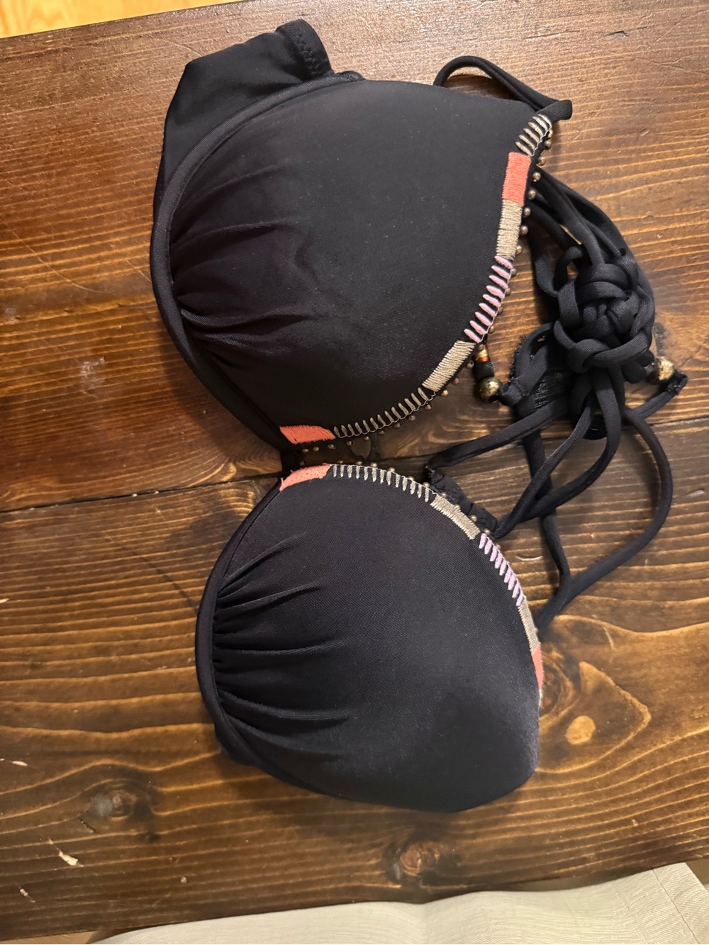 Black Women’s Padded Halter Swim Top with Embroidered Trim